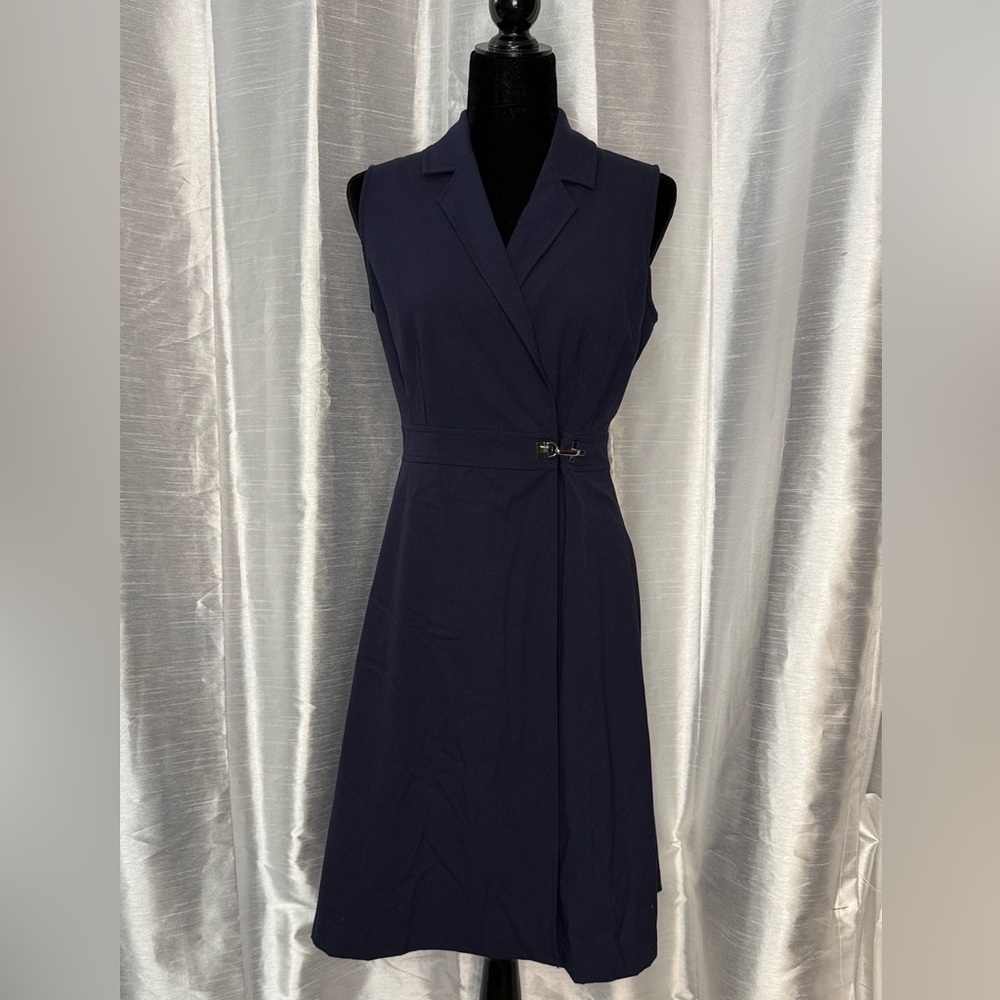 Ellen Tracy Navy Sleeveless A Line Faux Wrap Dress Women’s 6 Above Knee Lined - Picture 3 of 10